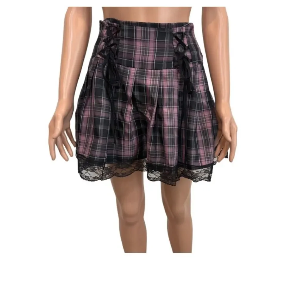 Romwe small schoolgirl plaid lace tie mini skirt cosplay SK 3467